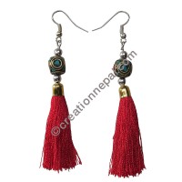 Decorated bead red yarn earring