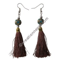 Decorated bead brown yarn earring