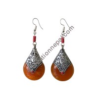 Silver capped amber earring