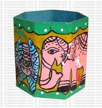 Mithila painting - elephant and fish pen holder