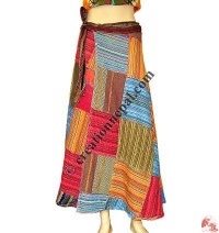 Cotton patch-work long wrapper open skirt
