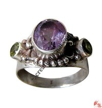 Amethyst and peridot silver finger ring