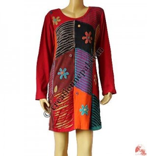 Plain sleeves flower rib dress