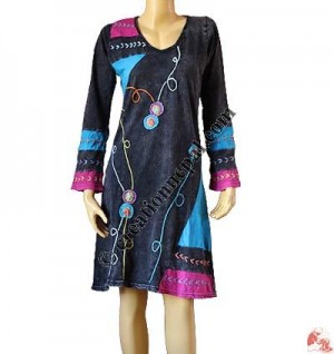 Patch deco stone-wash rib dress